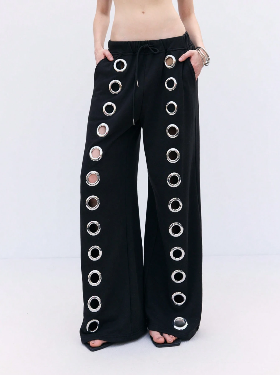 Wide-Leg Pants with Metal Eyelet Details