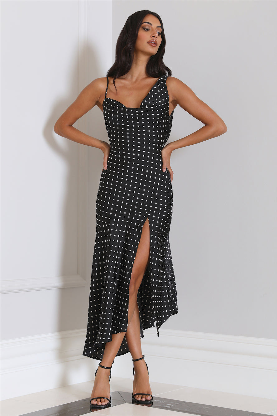 Dotted Moment Satin Polka Dot Midi Dress