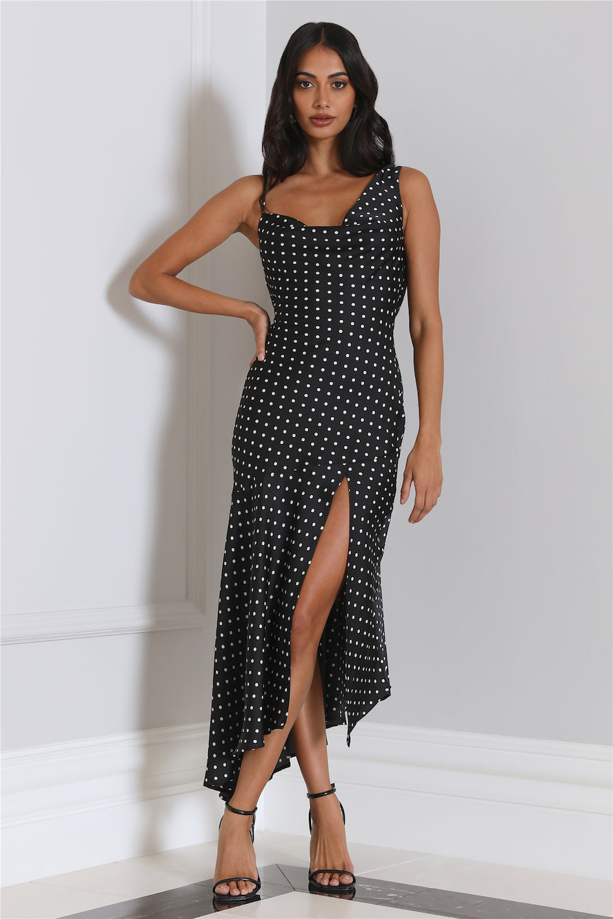 Dotted Moment Satin Polka Dot Midi Dress