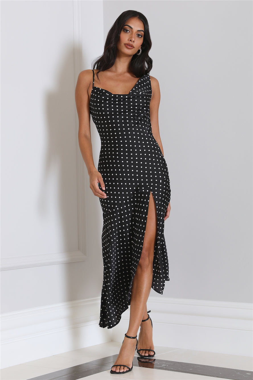 Dotted Moment Satin Polka Dot Midi Dress