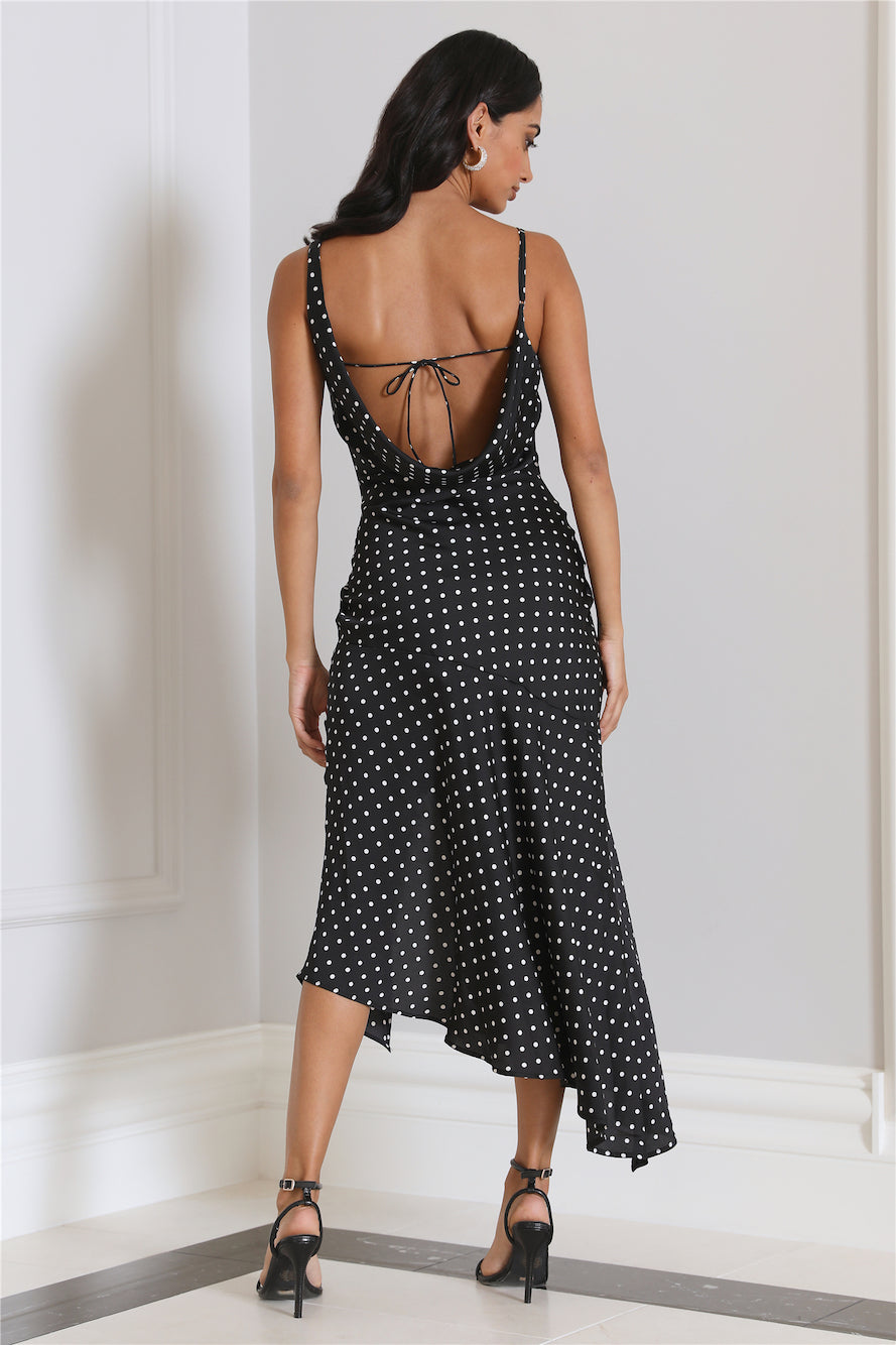 Dotted Moment Satin Polka Dot Midi Dress