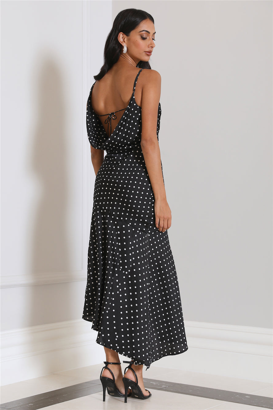 Dotted Moment Satin Polka Dot Midi Dress