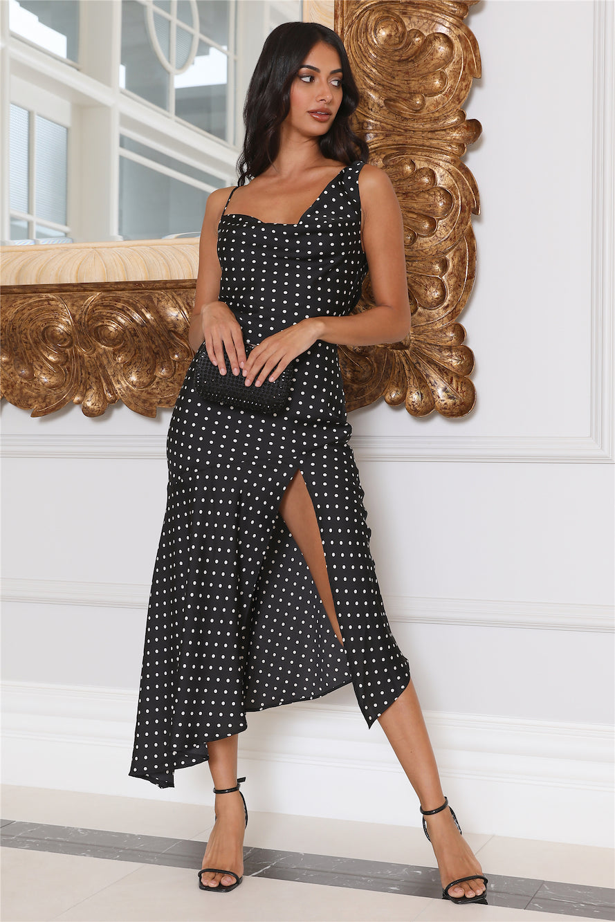 Dotted Moment Satin Polka Dot Midi Dress