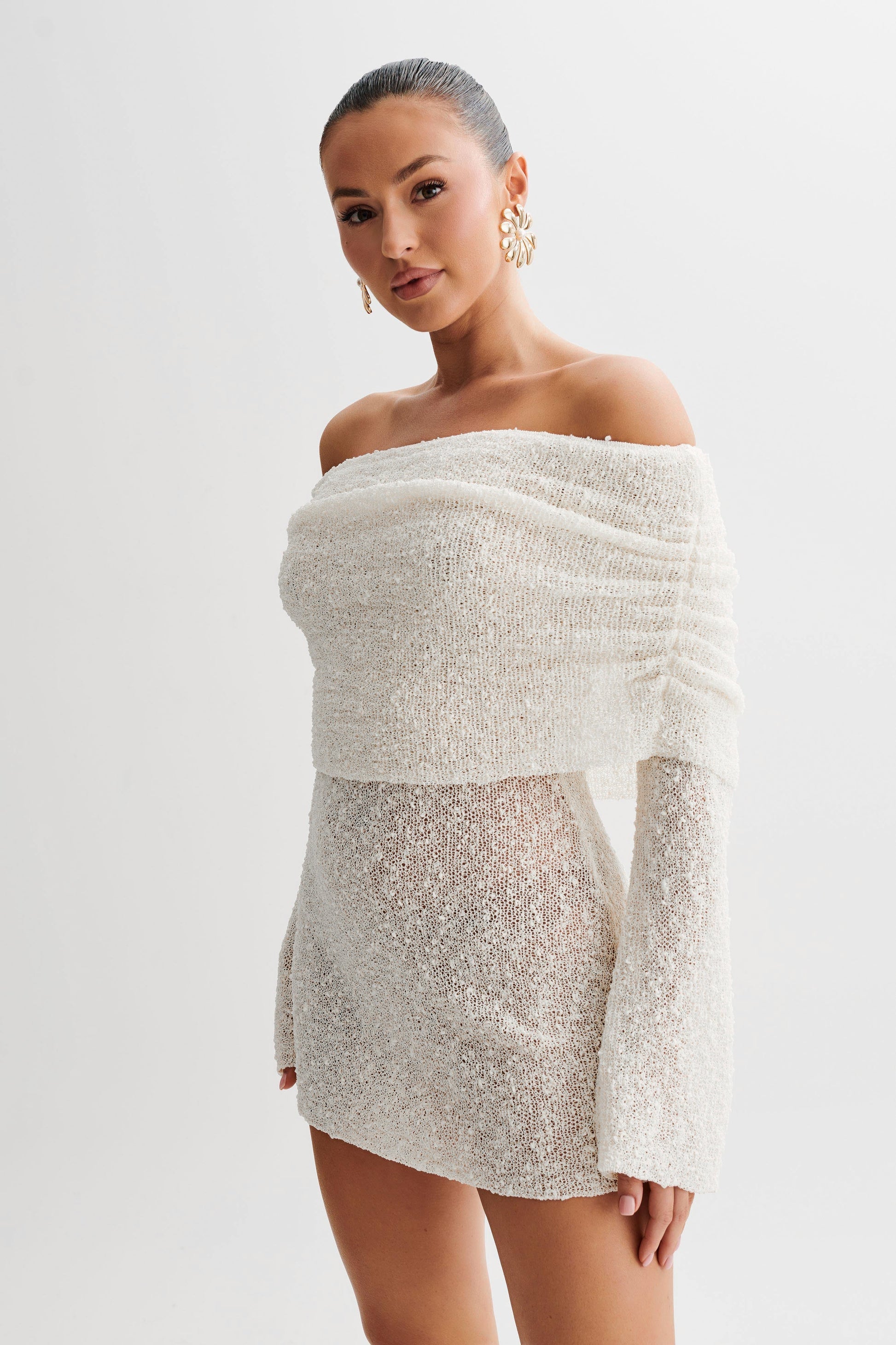 Ivory Bouclé Off-Shoulder Mini Dress