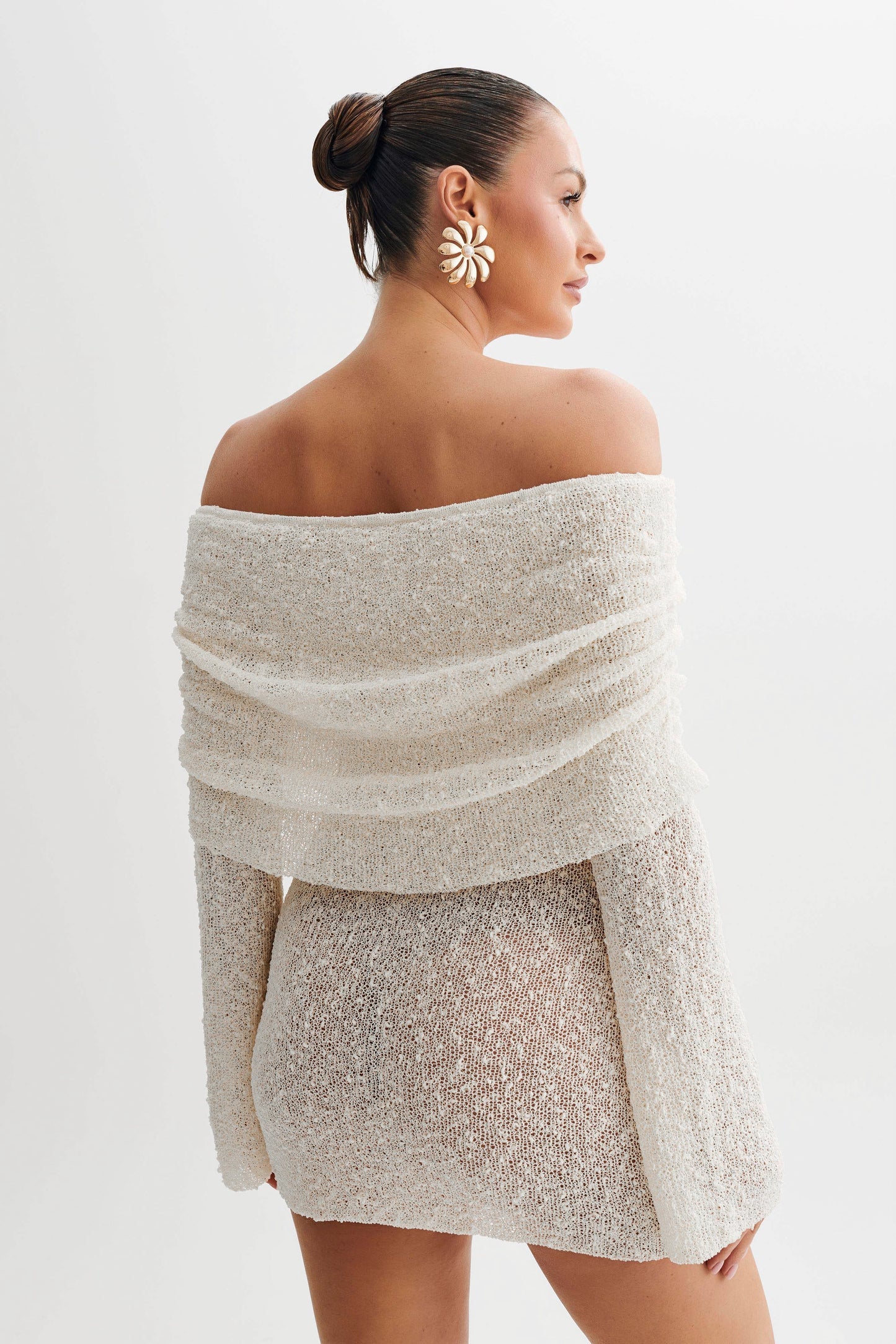 Ivory Bouclé Off-Shoulder Mini Dress