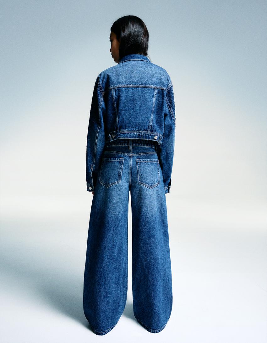 Crystals Embellished Wide-Leg Denim Jeans
