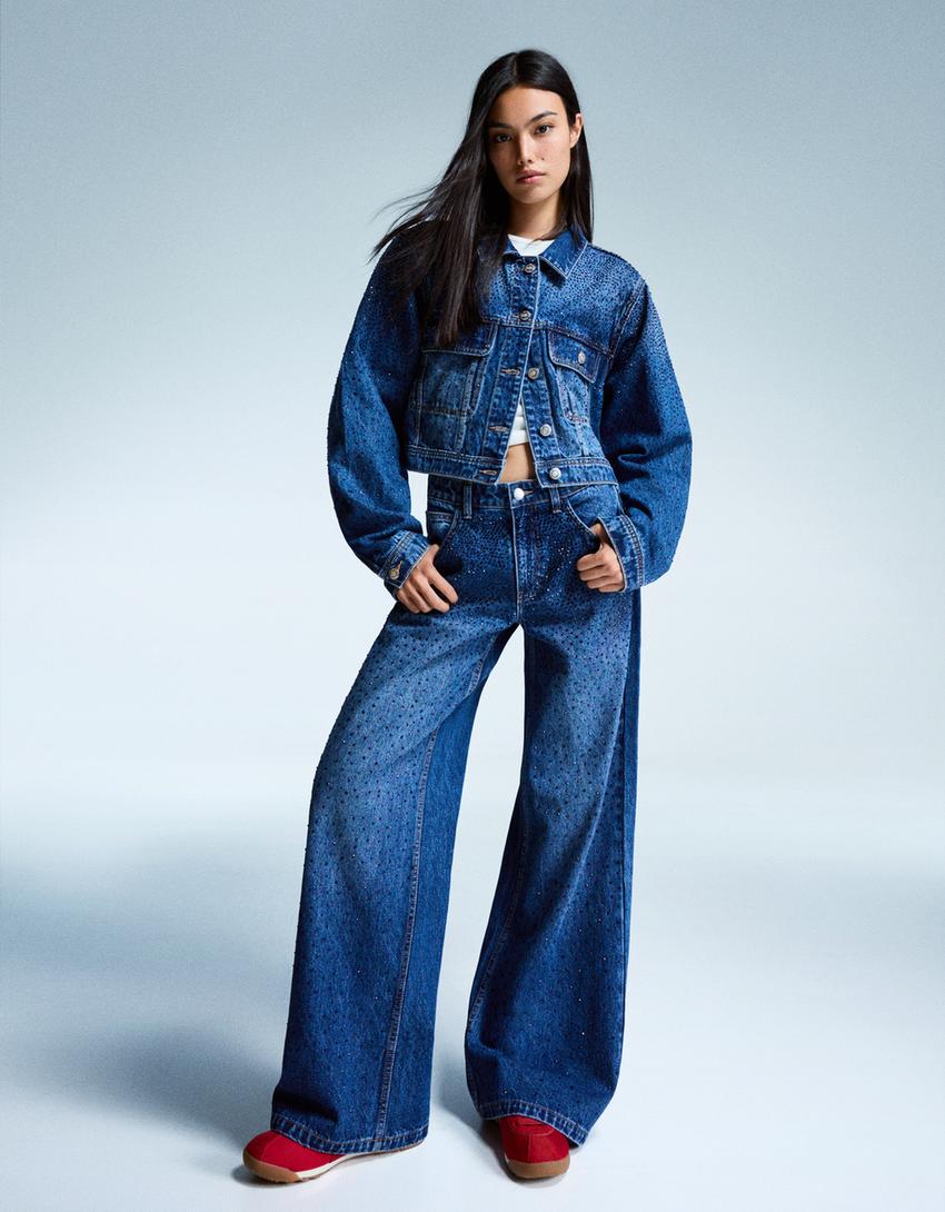 Crystals Embellished Wide-Leg Denim Jeans