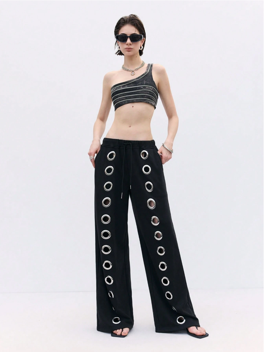 Wide-Leg Pants with Metal Eyelet Details