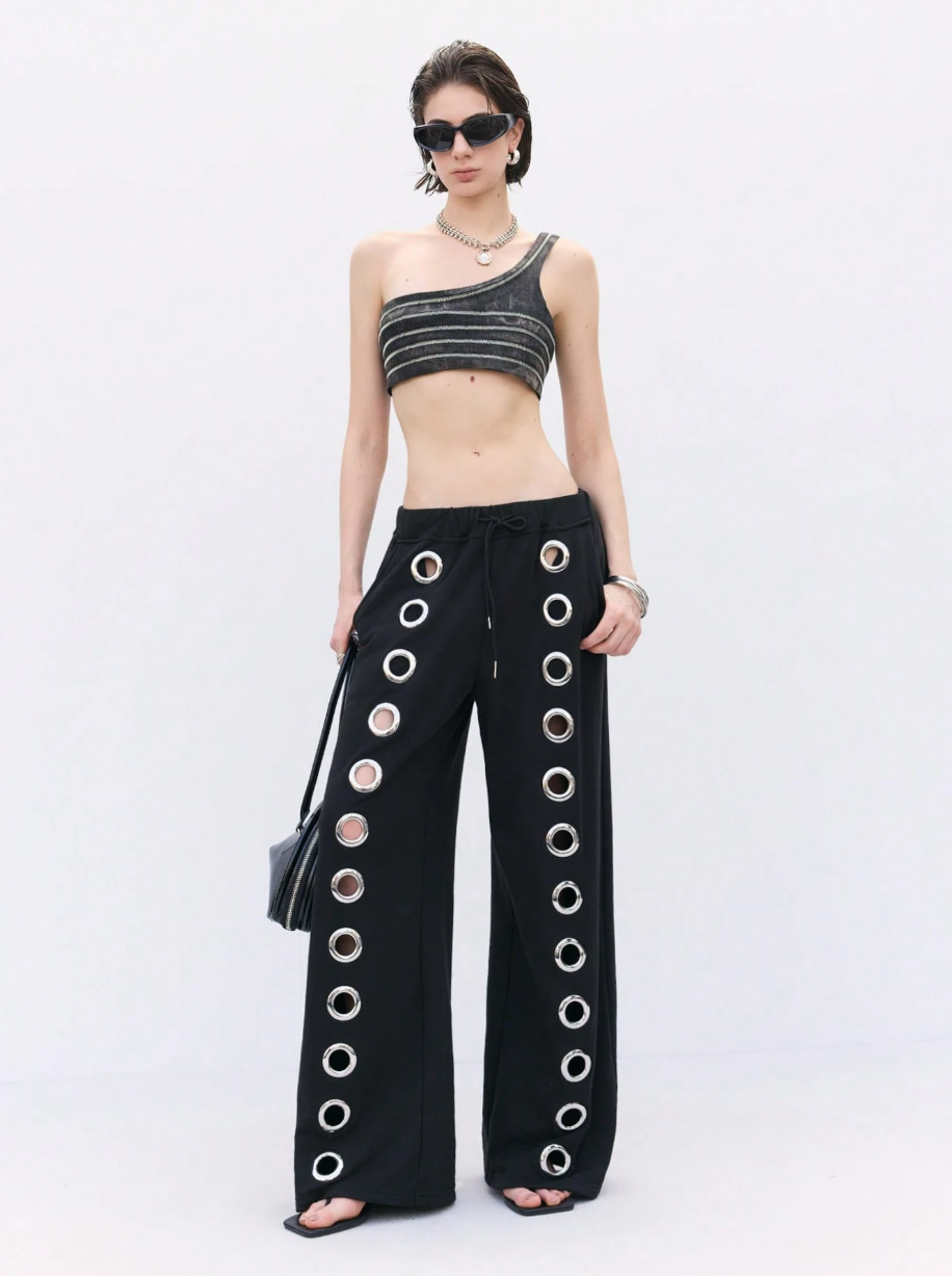 Wide-Leg Pants with Metal Eyelet Details