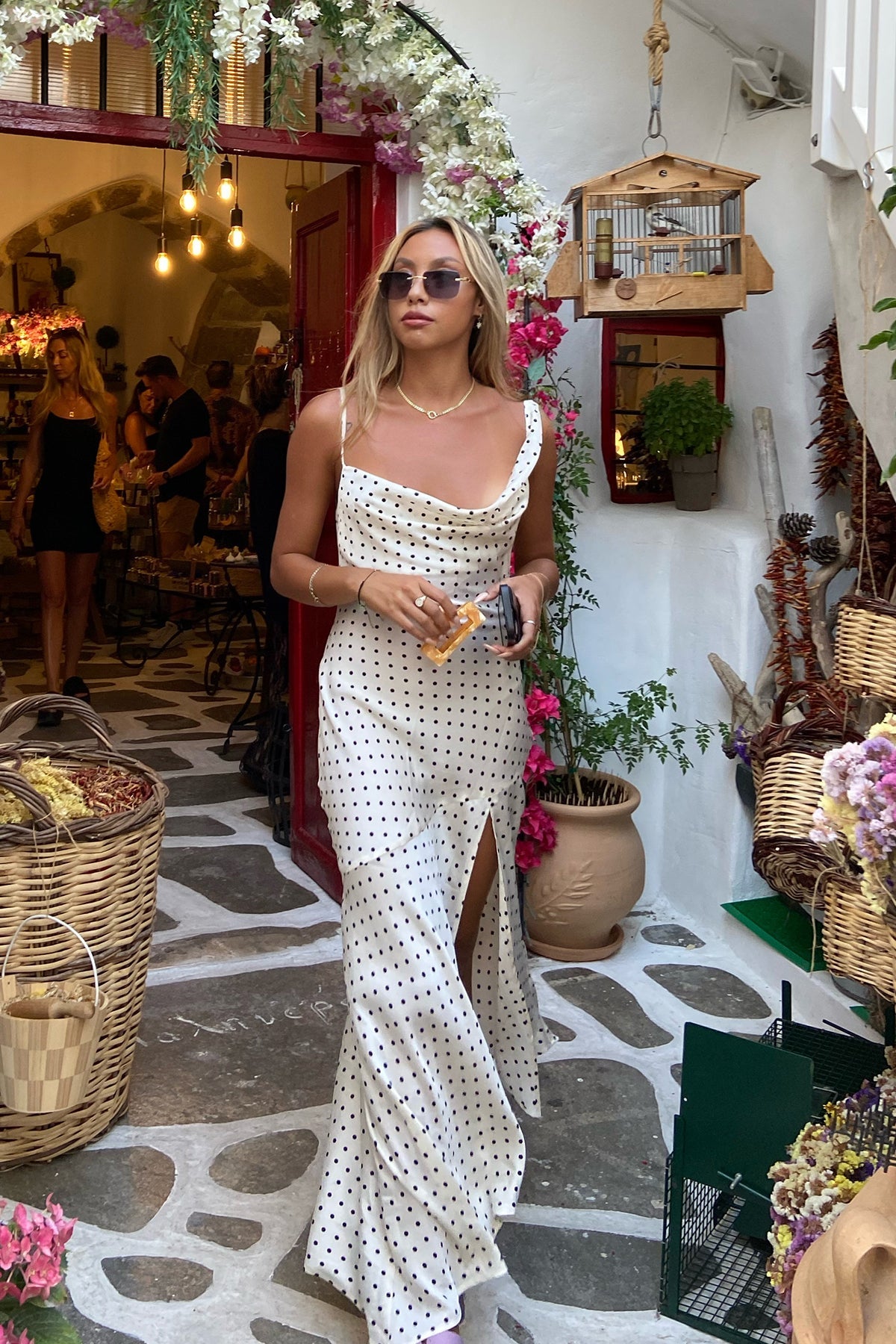 Dotted Moment Satin Polka Dot Midi Dress