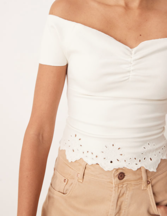 White Off-Shoulder Eyelet Hem Top