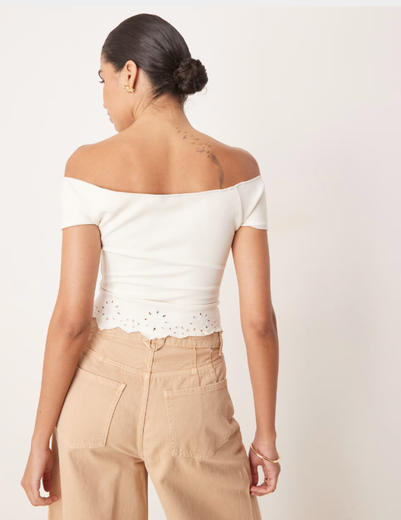 White Off-Shoulder Eyelet Hem Top