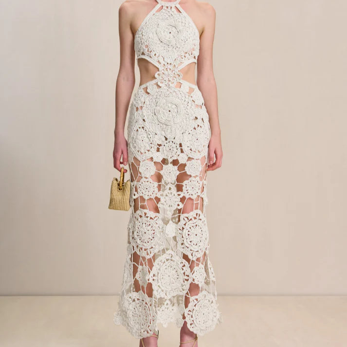 White Crochet Cut-Out Maxi Dress