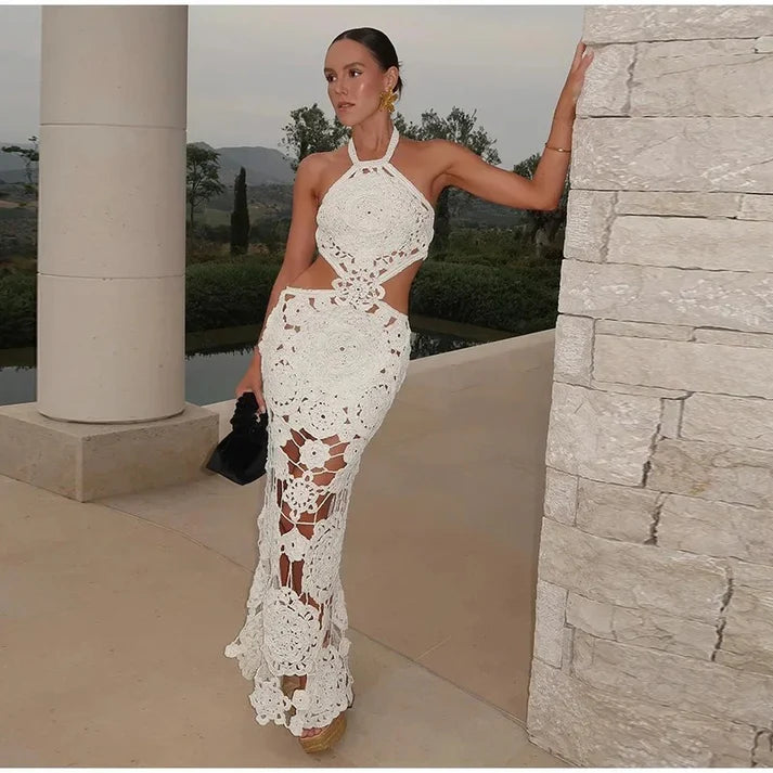 White Crochet Cut-Out Maxi Dress