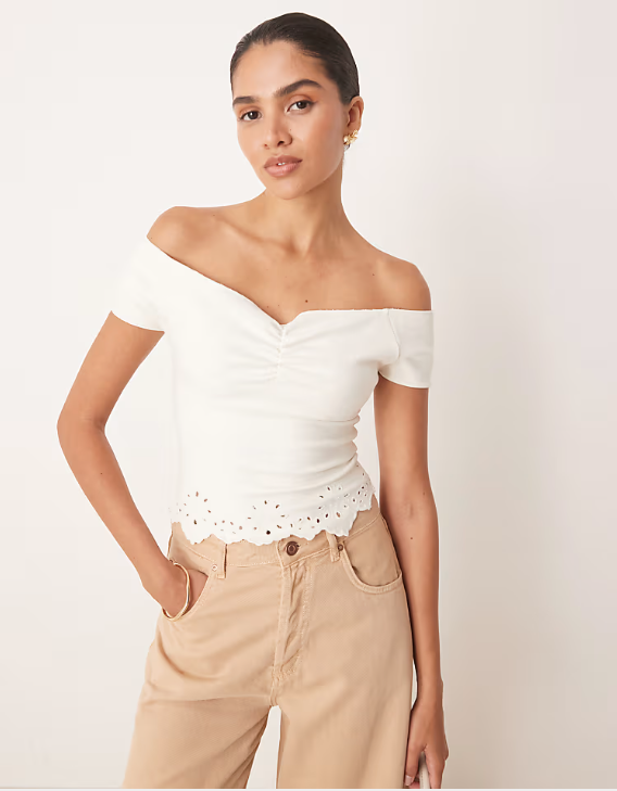White Off-Shoulder Eyelet Hem Top